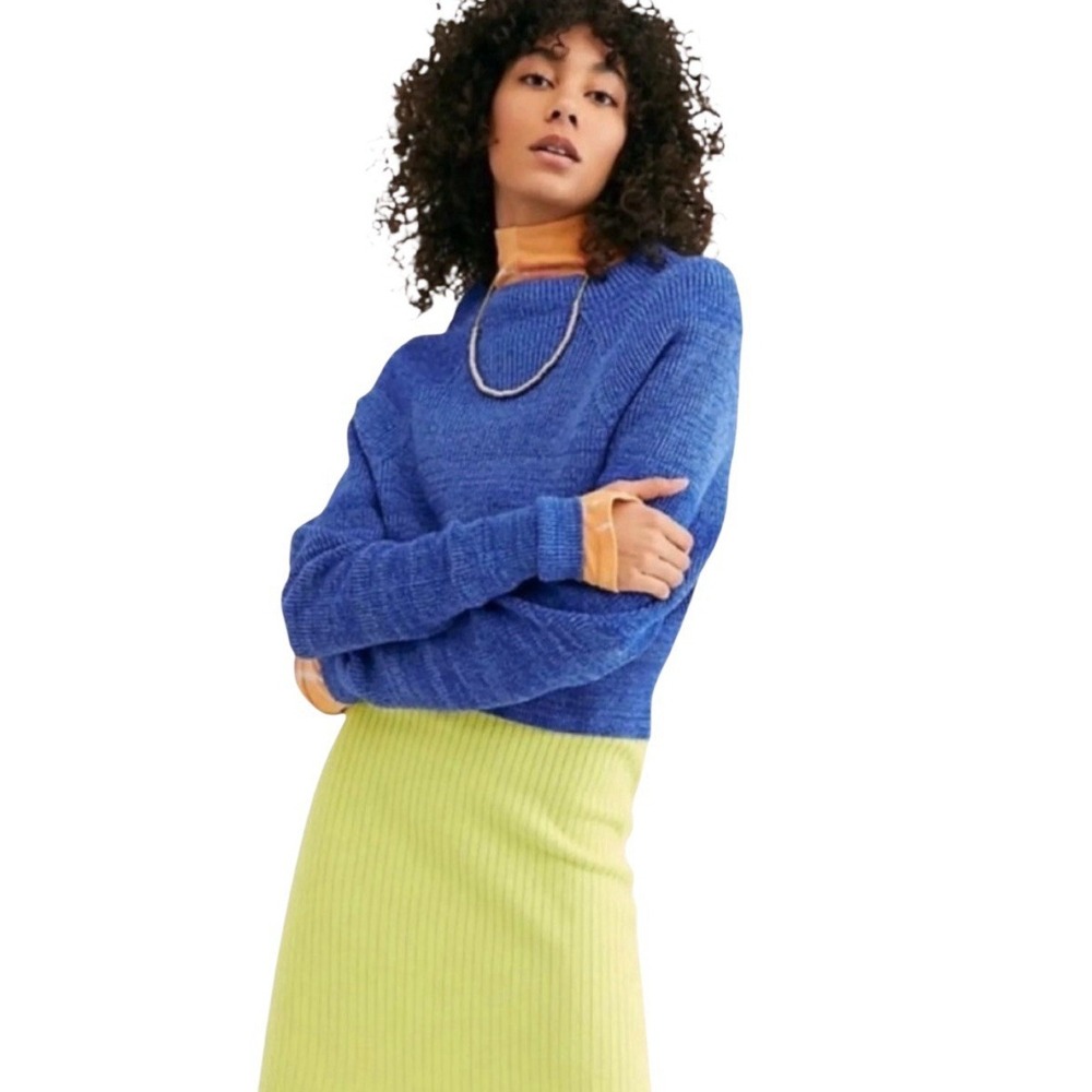 Free People Too Good Blue Knit Sweater Slouchy Boho Coastal XS OB910473